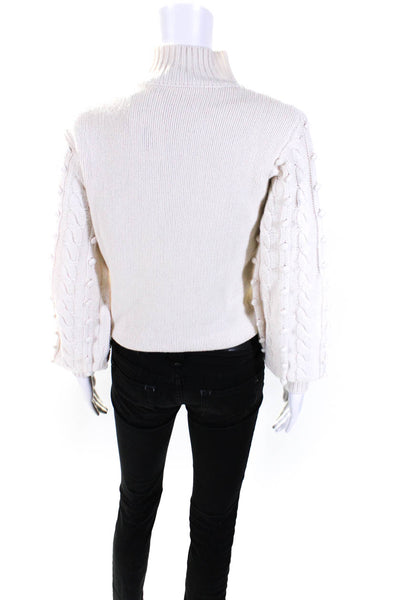 Autumn Cashmere Womens Pullover Pom Pom Sleeve Turtleneck Sweater White Small