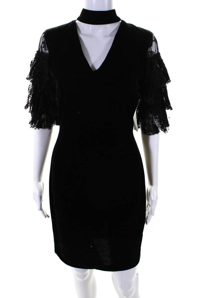 Alexia Admor Womens V-Neck Lace Trim Short Sleeves A-Line Mini Dress Black Size