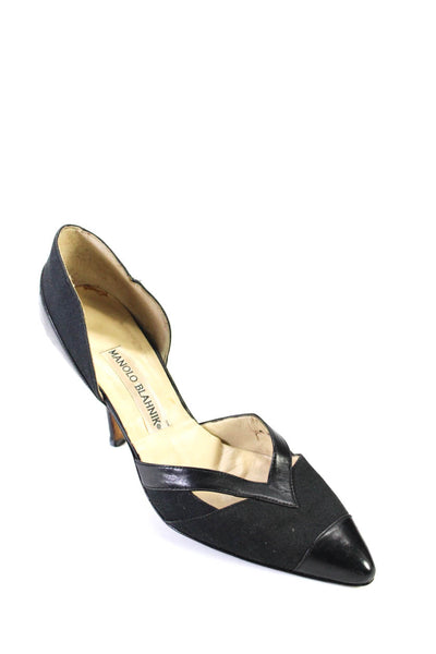 Manolo Blahnik Leather Canvas Pointed Toe Mid Heel D'Orsay Pumps Black Size 7.5