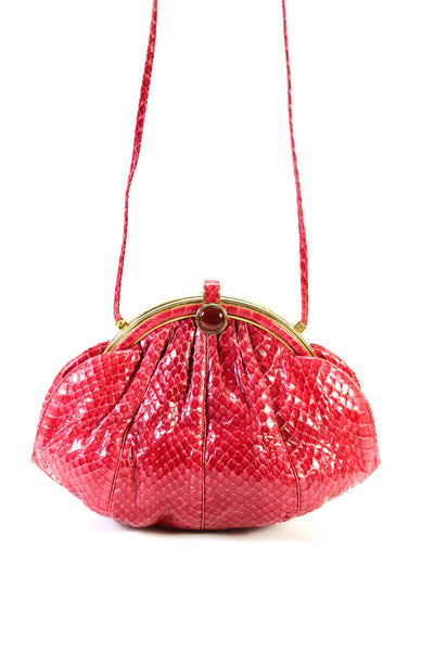 Judith Leiber Leather Snakeskin Print Convertible Small Crossbody Handbag Pink