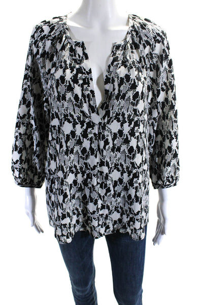 Joie Womens Silk Abstract Print V-Neck Long Sleeve Blouse Top White Size M