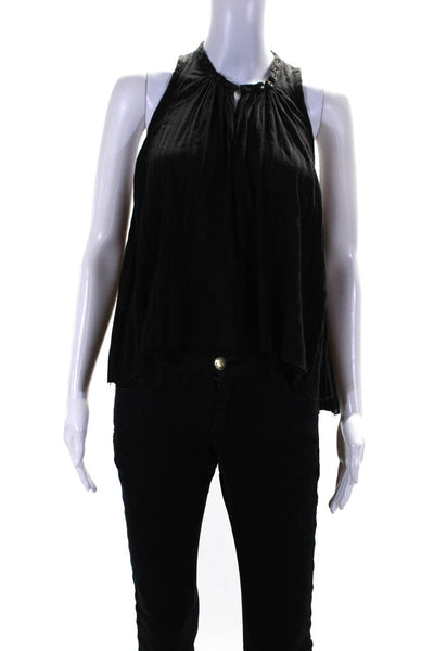 Etoile Isabel Marant Womens Rivet Trim Y Neck Sleeveless Top Blouse Black FR 36