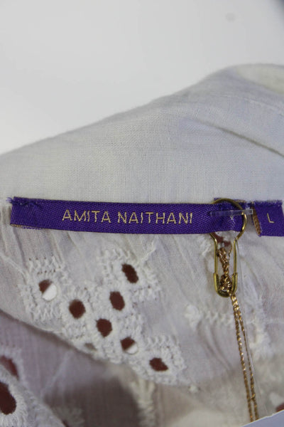 Amita Naithani Women's Long Sleeves Eyelet Button Down Dress White Size L