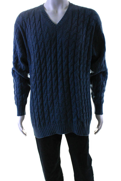Hickey Freeman Mens Blue Cable Knit Cashmere V-Neck Pullover Sweater Top Size S