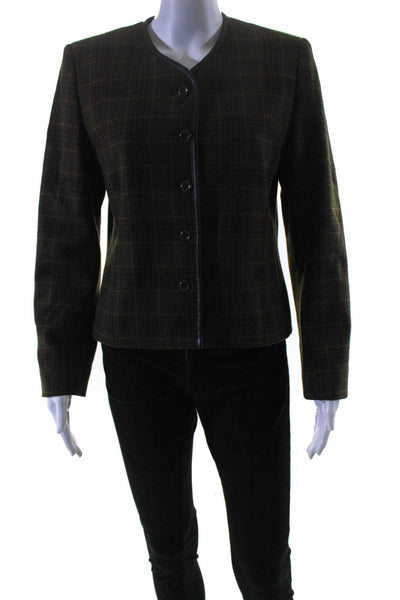Pendleton Womens Wool Leather Trim Plaid Button Down Jacket Green Size 6