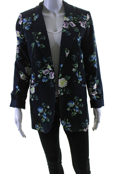 Cynthia Rowley Womens Floral Print Open Front Blazer Jacket Blue Size M
