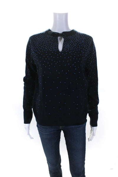 Designer Womens Tie Back Long Sleeve Studded Cashmere Sweater Navy Size Small