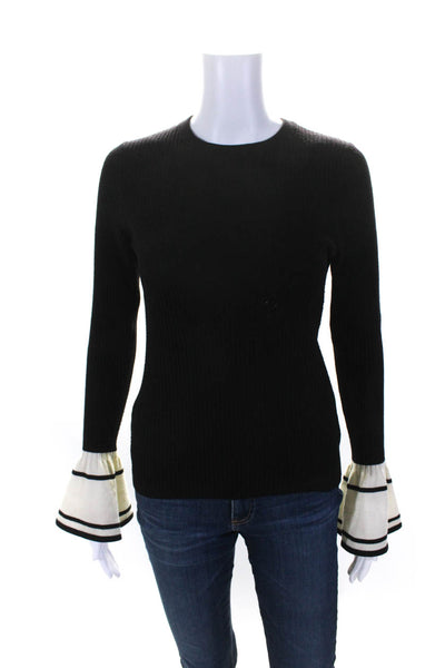 Autumn Cashmere Womens Ribbed Knit Flare Sleeve Crew Neck Sweater Black Small