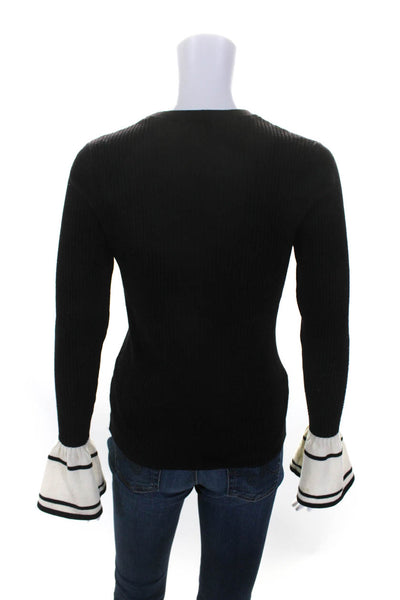 Autumn Cashmere Womens Ribbed Knit Flare Sleeve Crew Neck Sweater Black Small