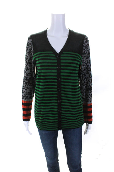 Sonia Sonia Rykiel Womens Striped Floral Cardigan Sweater Black Green Medium