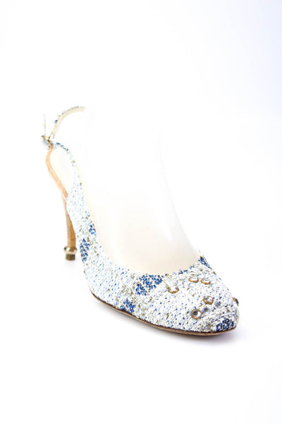 Chanel Womens Stiletto Crystal CC Tweed Slingback Pumps White Blue Size 40