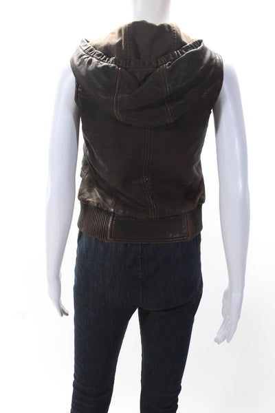 June Womens Brown Leather Cotton Hooded Full Zip Reversible Vest Jacket Size S