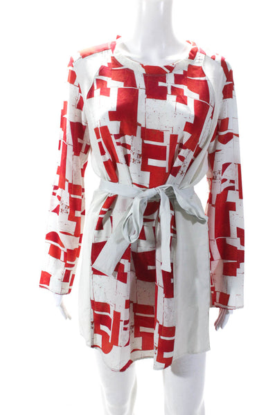 IRO Womens Long Sleeve Scoop Neck Belted Printed Silk Dress White Red Size FR 36