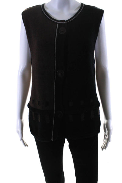 Sandra Miller Womens Button Down Sleeveless Two Tone Knit Top Brown Black Size M