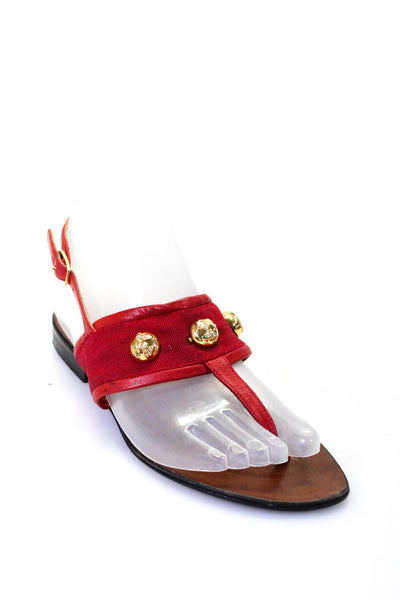 Salvatore Ferragamo Womens Red Embellished Flat T-Strap Sandals Shoes Size 7.5