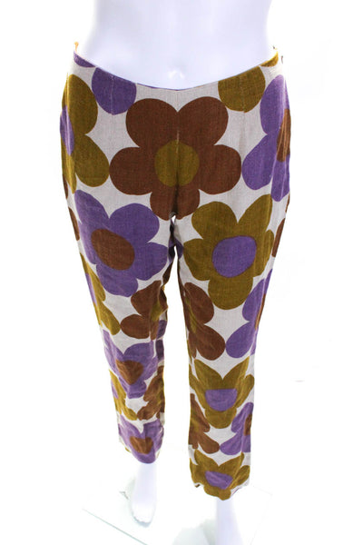 Celine Womens Vintage Woven Floral Slim Leg Pants Purple Brown Linen Size FR 38