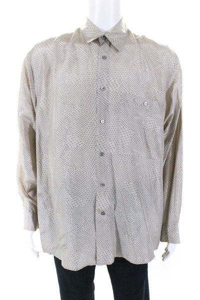 Viva Seta Mens Vintage Geometric Print Silk Satin Button Up Shirt Beige Large