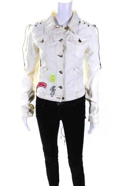Just Cavalli Womens Denim Lace Up Patchwork Button Up Jean Jacket White Size M