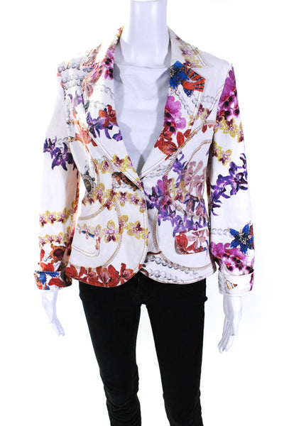 Just Cavalli Womens Denim Floral Printed Notched Collar Jean Jacket White Size M