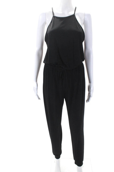 Lanston Womens Sleeveless Crew Neck Drawstring Knit Jumpsuit Black Size Medium