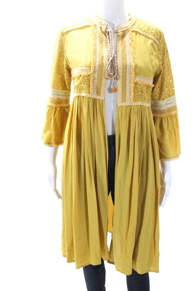 bl^nk Womens 3/4 Sleeve Tie Neck Embroidered Cover Up Dress Yellow Size Small