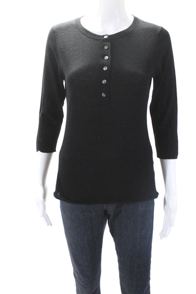 Allude Women's Round Neck 3/4 Sleeves Half Button Blouse Black Size M
