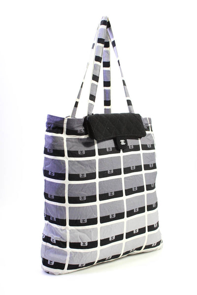 Chanel Womens Compactable CC Canvas Shopping Tote Handbag Gray Black E2306961