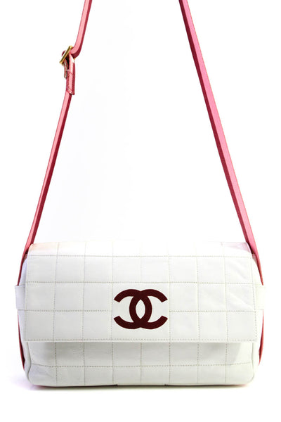 Chanel Womens Logo Strap CC Quilted Sport Chocolate Bar Handbag White Red E23005
