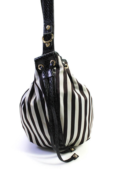 Henri Bendel Womens Striped Fabric Drawstring Hobo Handbag Gray Black Brown