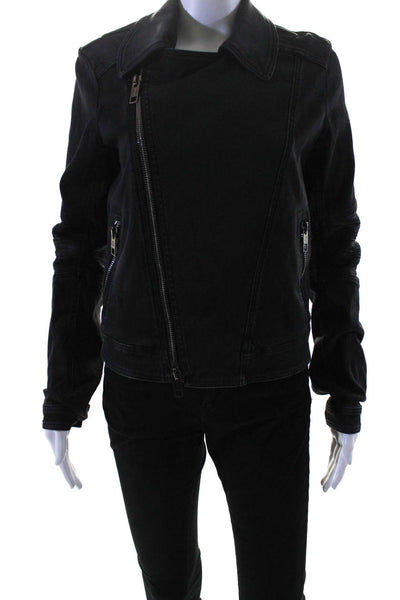 SUPERFINE Womens Cotton Denim Collared Long Sleeve Zip Up Jacket Black Size S