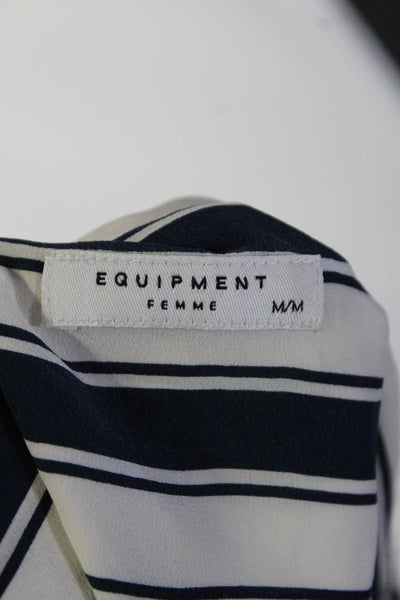 Equipment Femme Womens Button Front Striped Silk Top White Navy Size Medium