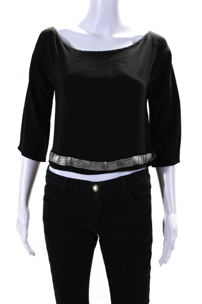 Vena Cava Womens Short Sleeve Embellished Trim Cropped Silk Top Black Medium