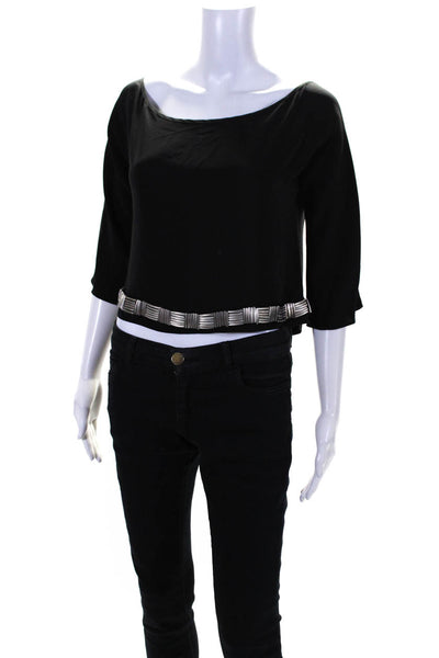 Vena Cava Womens Short Sleeve Embellished Trim Cropped Silk Top Black Medium