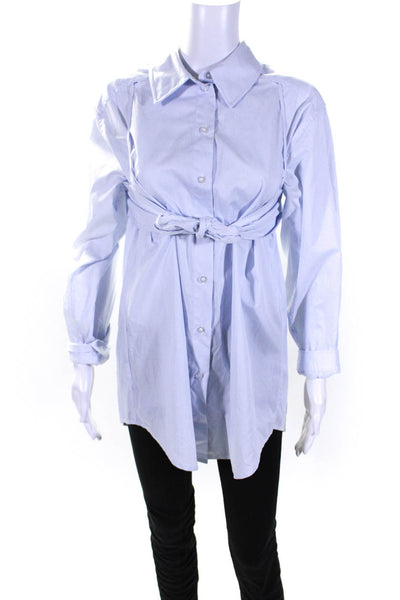 L Academie Womens Button Front Collared Striped Shirt Blue White Size Small