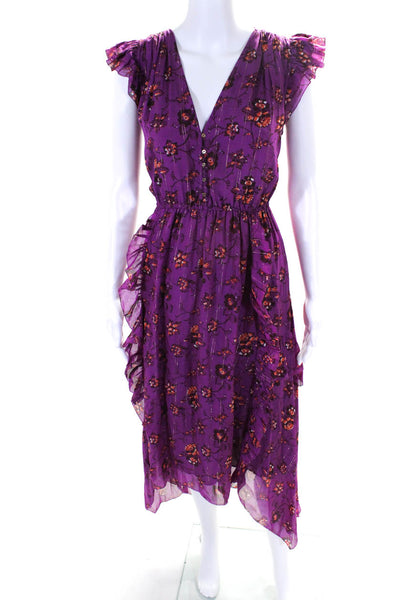 Ulla Johnson Womens Purple Silk Floral Cap Sleeve V-Neck Shift Dress Size 4