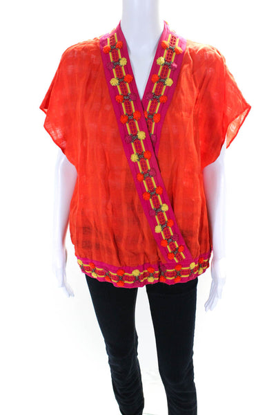 Tory Burch Womens Orange/Pink Linen Beaded V-Neck Cap Sleeve Blouse Top Size 6