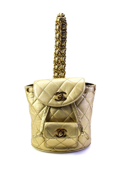 Chanel Womens Quilted Lambskin Metallic CC Small Backpack Handbag Gold C23071909