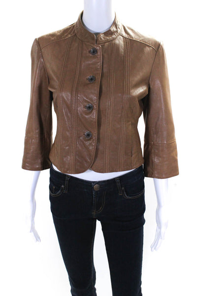 June Women's Round Neck Long Sleeves Button Down Leather Jacket Brown Size S