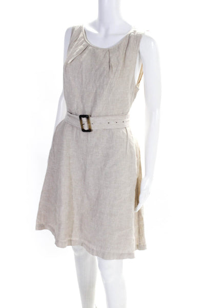 Tahari Womens Linen Sleeveless Belted A Line Dress Beige Size S