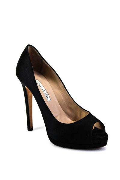 Oscar de la Renta Womens Black Leather Peep Toe High Heels Pumps Shoes Size 7.5