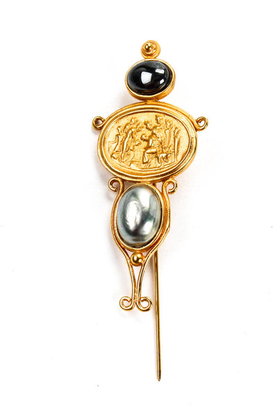 Jaded Womens Vintage Gold Tone Etruscan Style Faux Pearl Hat Pin Brooch 2.5"