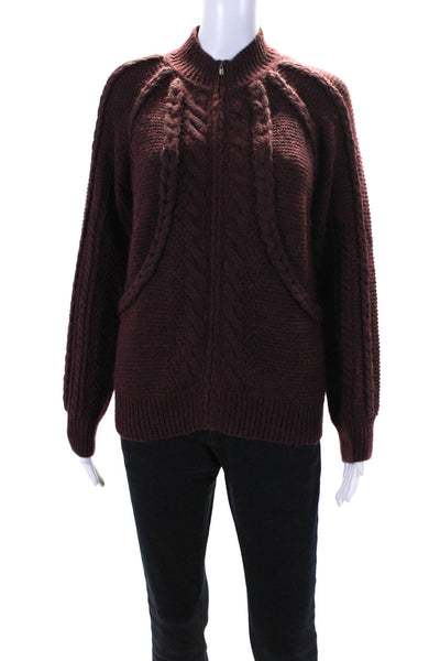 St. John Womens Cable Knit High Neck Zip Up Cardigan Sweater Burgundy Size P