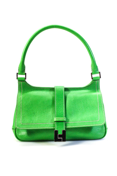 Lambertson Truex Womens Leather Silver Tone Satchel Shoulder Handbag Green