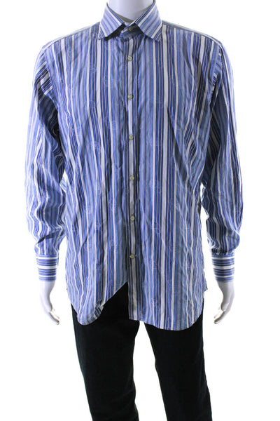 Etro Mens Striped Button Down Long Sleeves Dress Shirt Blue White Cotton Size 42