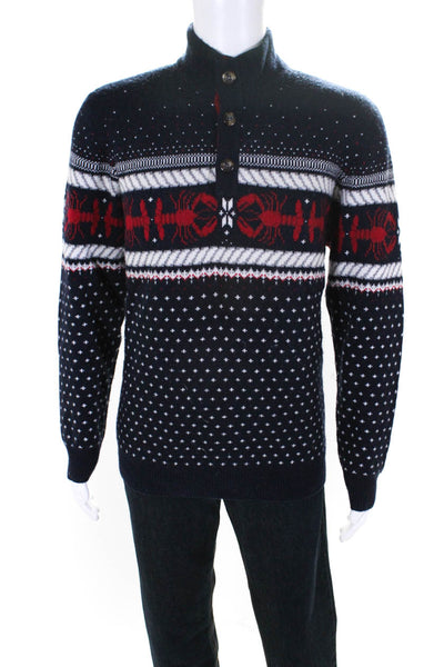 Vineyard Vines Mens Fair Isle Buttoned Henley Sweater Blue White Red Size L