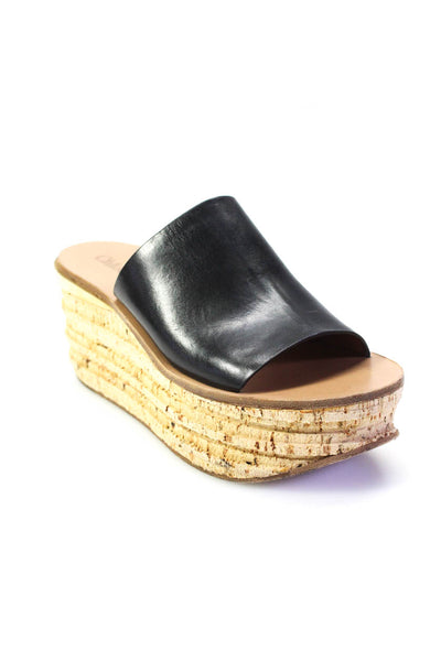 Chloe Womens Wedge Heel Platform Slide Sandals Black Leather Size 37