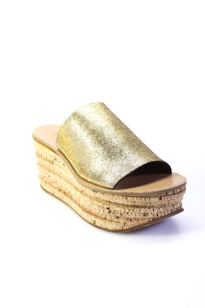 Chloe Womens Wedge Heel Platform Metallic Slide Sandals Gold Leather Size 36