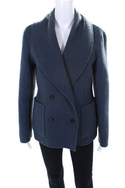 Celine Womens Wool Blend Collared Double Breasted Button Up Coat Blue Size 44
