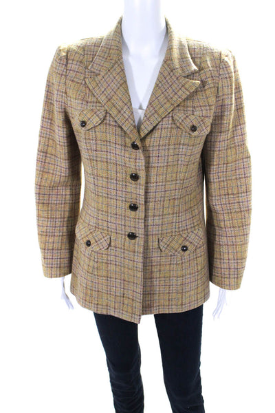 Anna Sui Womens Wool Plaid Notch Collar Button Up Blazer Jacket Yellow Size 12