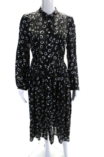 Saloni Womens Silk Metallic Spotted Pleated Long Sleeve Maxi Dress Black Size 0